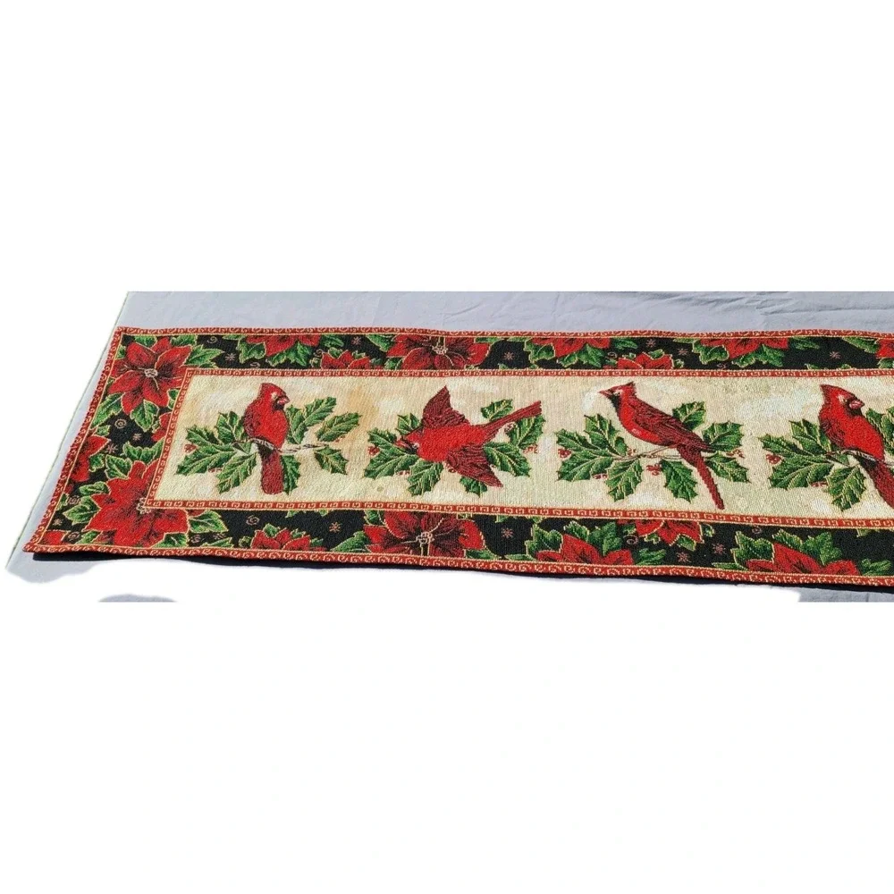 St. Nicholas Long Rectangle Runner Tapestry Christmas Poinsettia Cardinal
